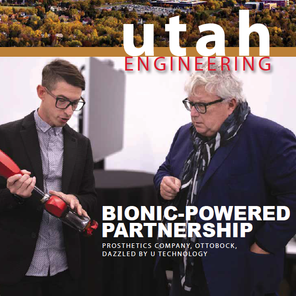 Photo of mountains on top of the page with a photo of Dean Richard Brown and Professor Tommaso Lenzi holding bionic leg on bottom of page.