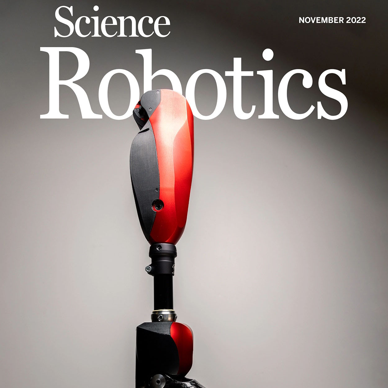 Large text that says 'Science Robotics' with a photo of the red Utah Bionic Leg